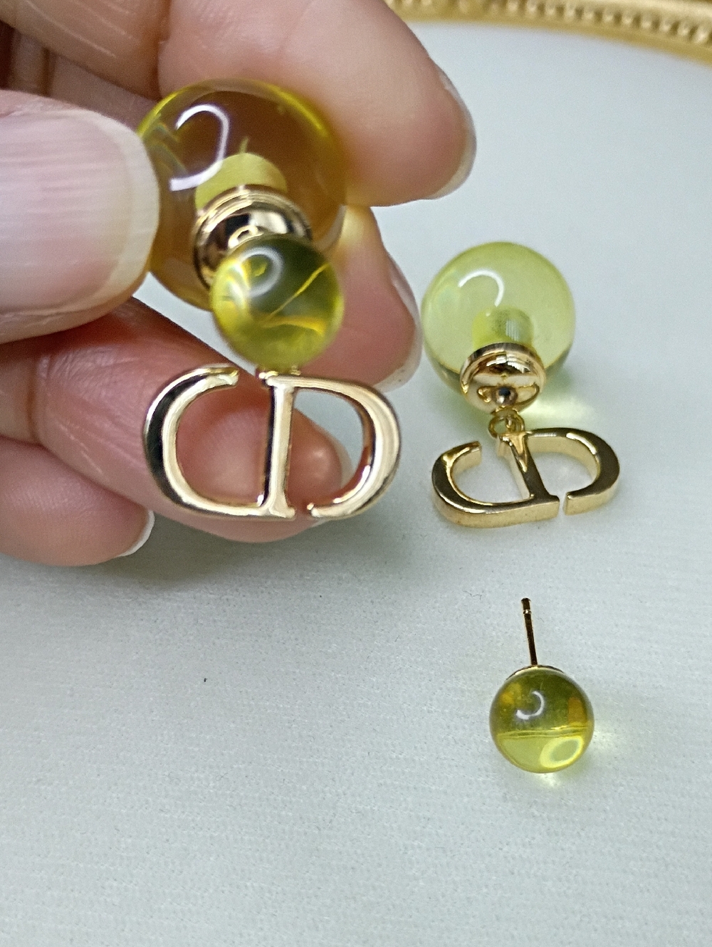 New Gold-Tone Yellow Glass Drop Earrings with CD Monogram Fashion Jewelry - Picture 2 of 4